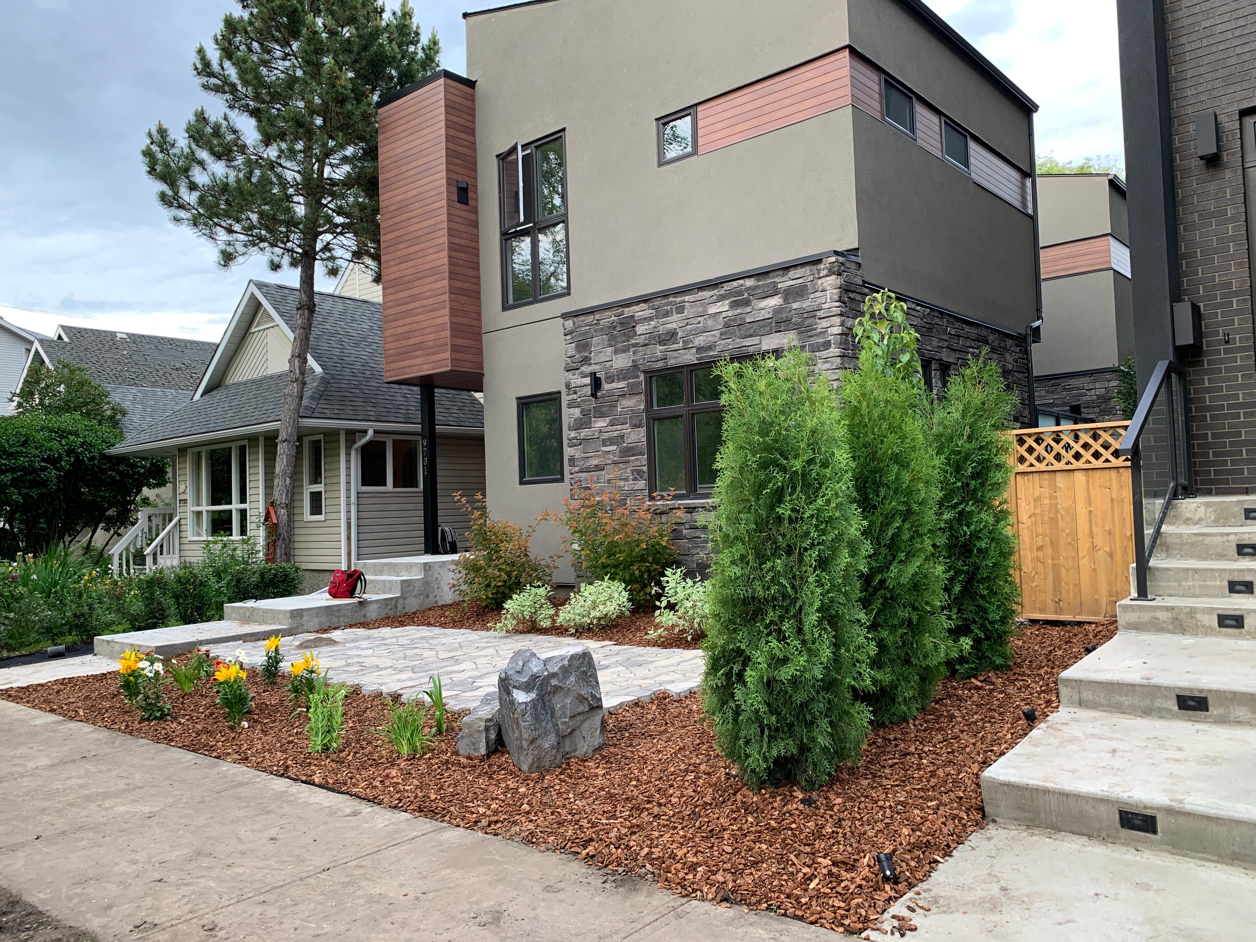 Complete infill landscaping with mulch beds, cedar trees, and paver pathway